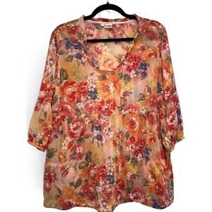 Tianello Floral Sheet Tunic Blouse Watercolor Pink Women's Large Romantic